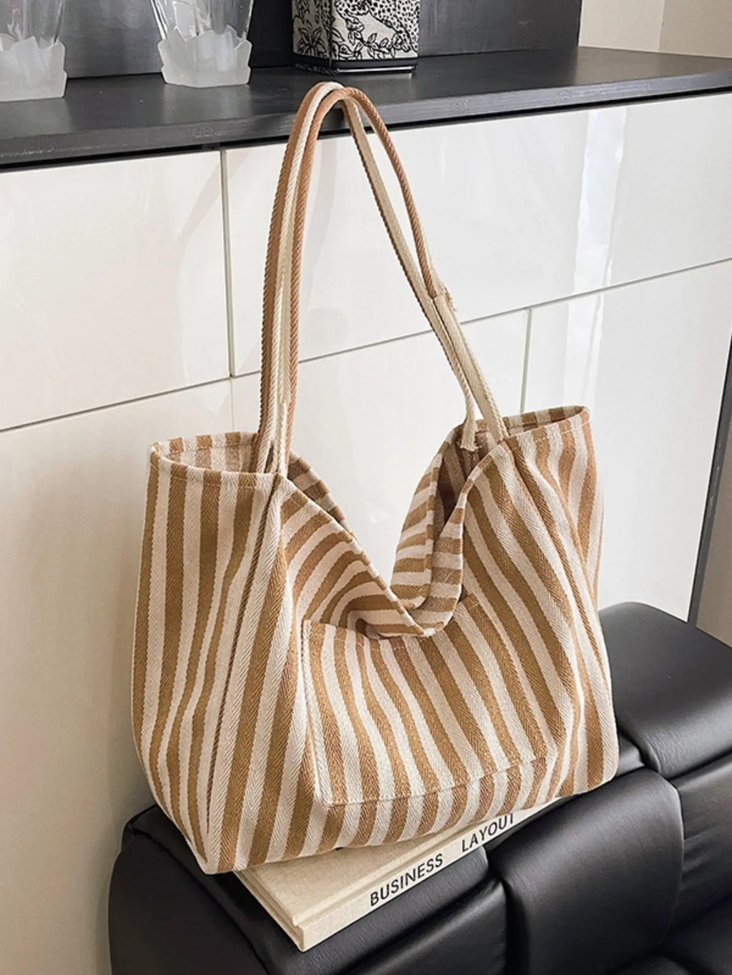 Canvas Stripe Slouchy Carry Tote Bag for Women