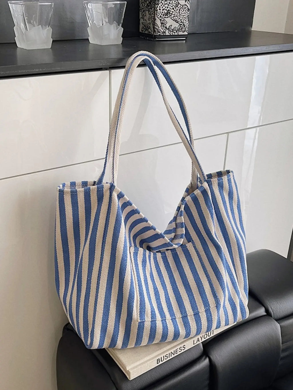 Canvas Stripe Slouchy Carry Tote Bag for Women