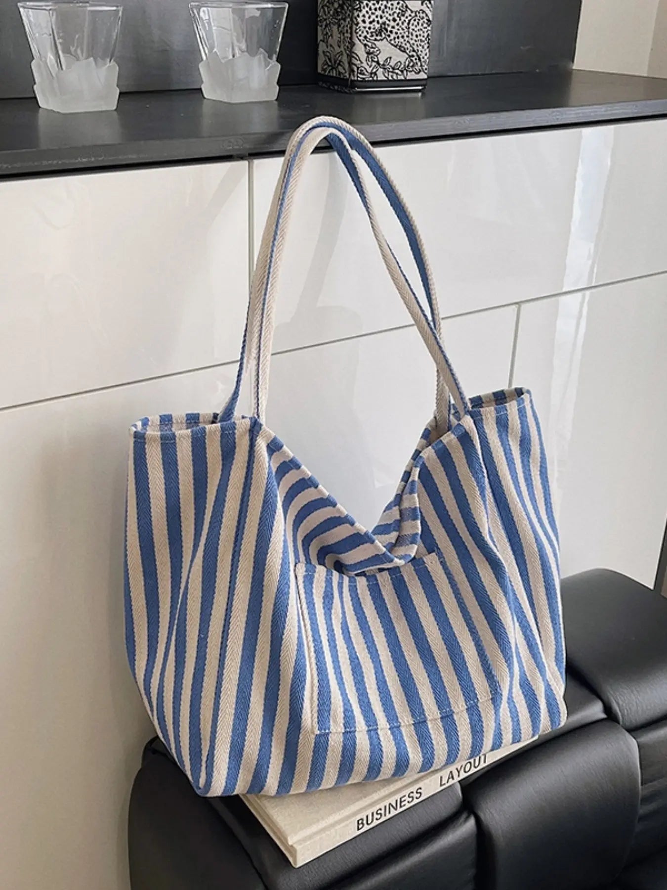 Canvas Stripe Slouchy Carry Tote Bag for Women