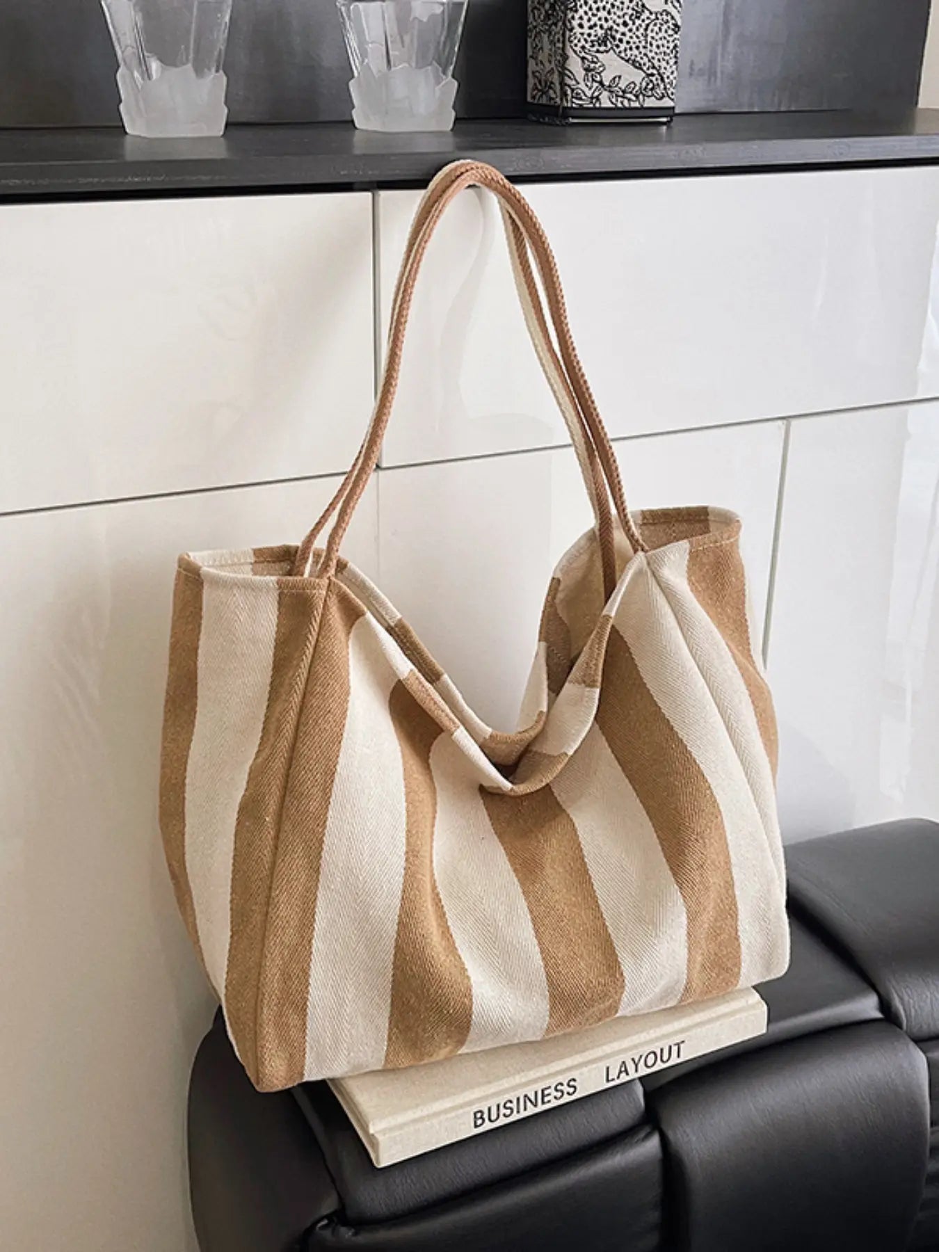 Canvas Stripe Slouchy Carry Tote Bag for Women