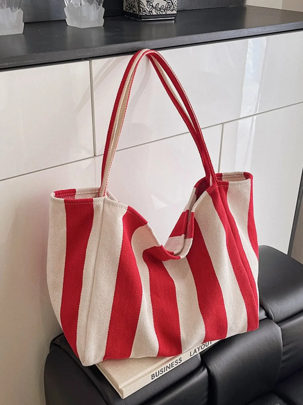 Canvas Stripe Slouchy Carry Tote Bag for Women
