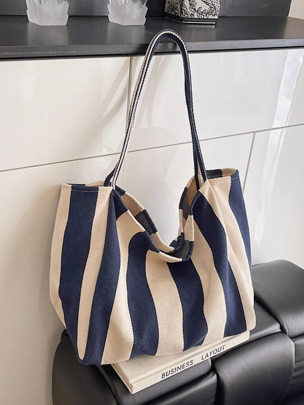 Canvas Stripe Slouchy Carry Tote Bag for Women