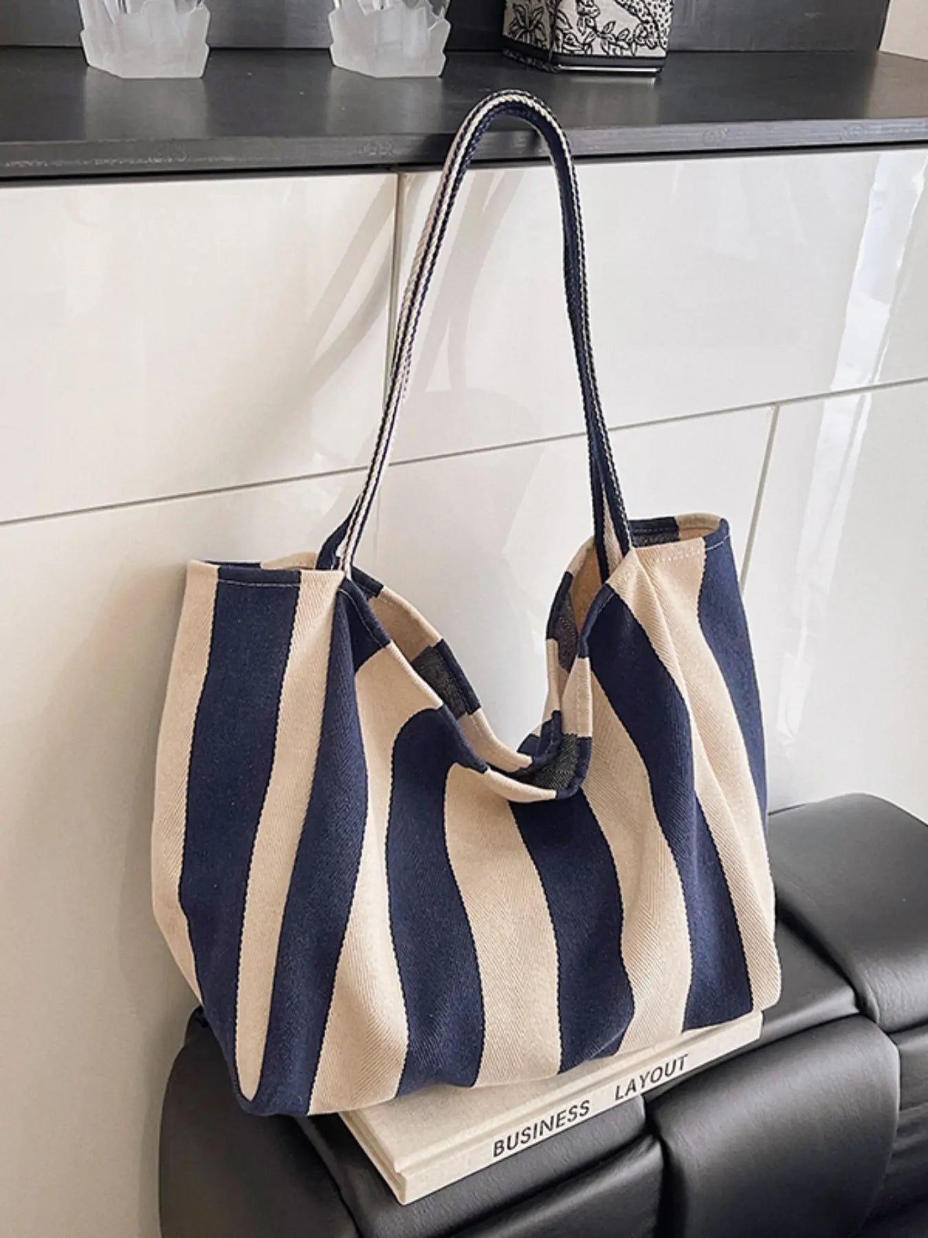 Canvas Stripe Slouchy Carry Tote Bag for Women