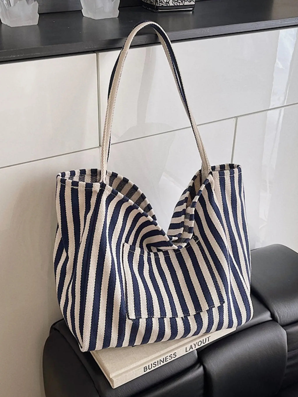 Canvas Stripe Slouchy Carry Tote Bag for Women
