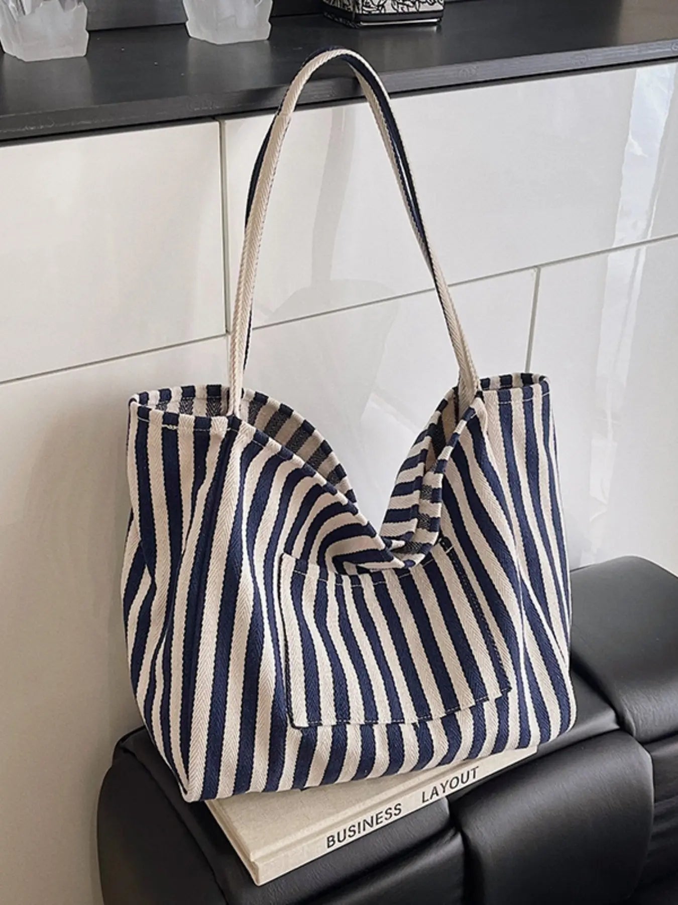Canvas Stripe Slouchy Carry Tote Bag for Women