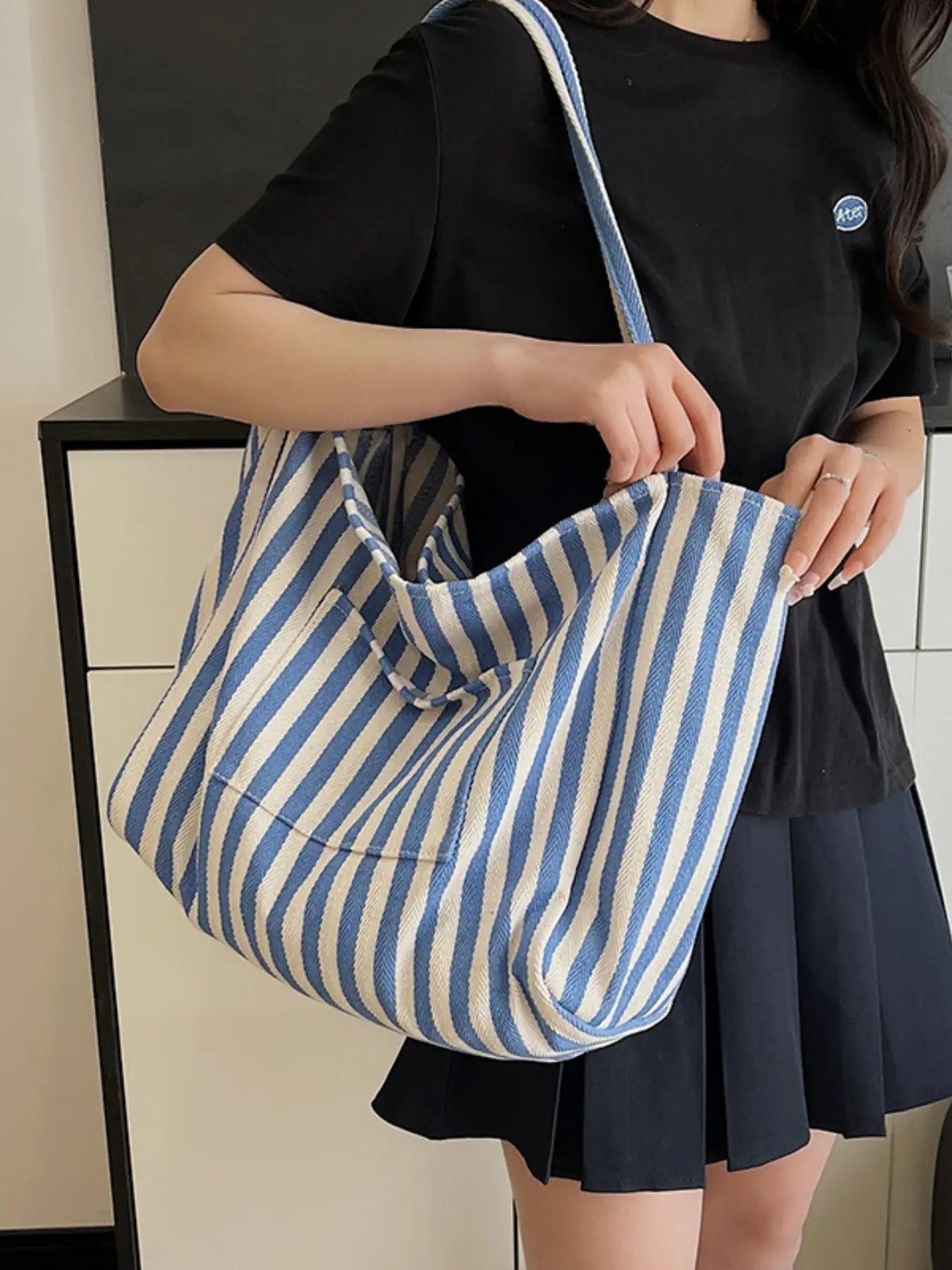 Canvas Stripe Slouchy Carry Tote Bag for Women