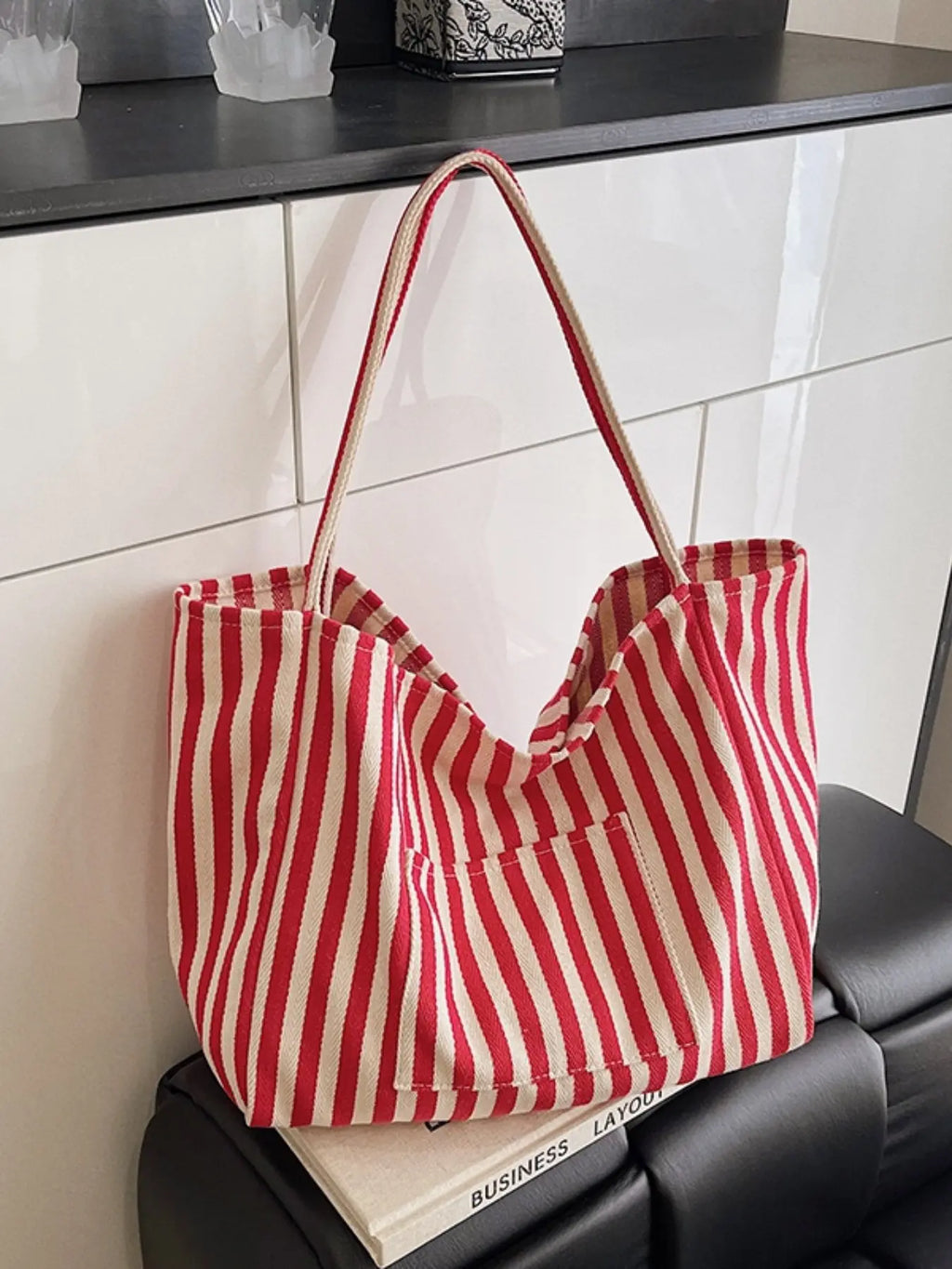Canvas Stripe Slouchy Carry Tote Bag for Women