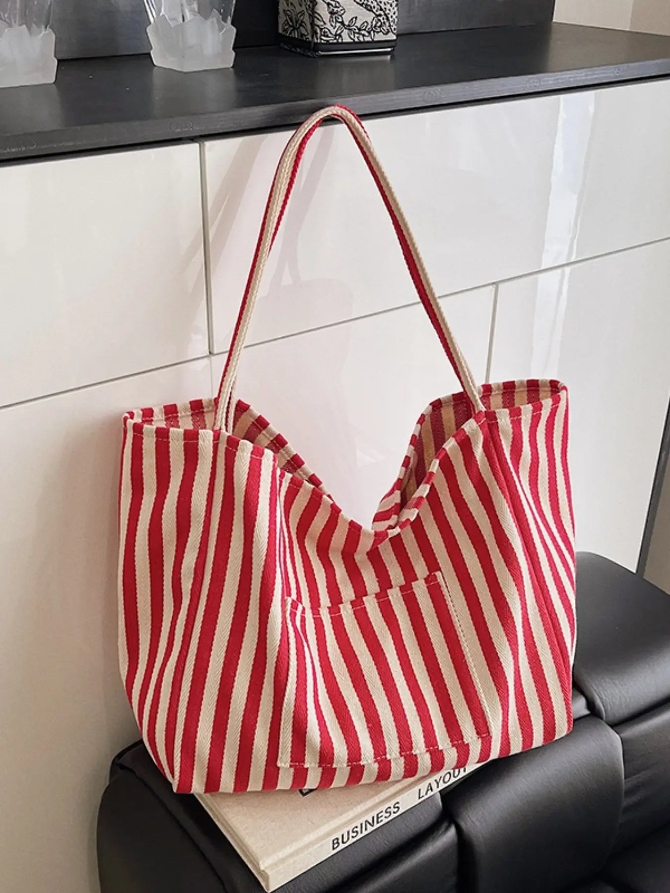 Canvas Stripe Slouchy Carry Tote Bag for Women